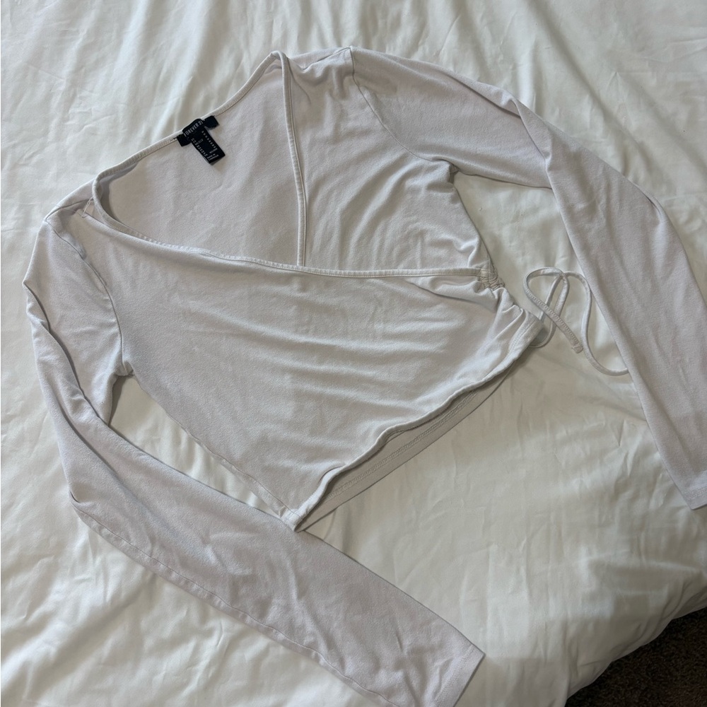 Forever 21 White Long Sleeve Wrap Blouse
